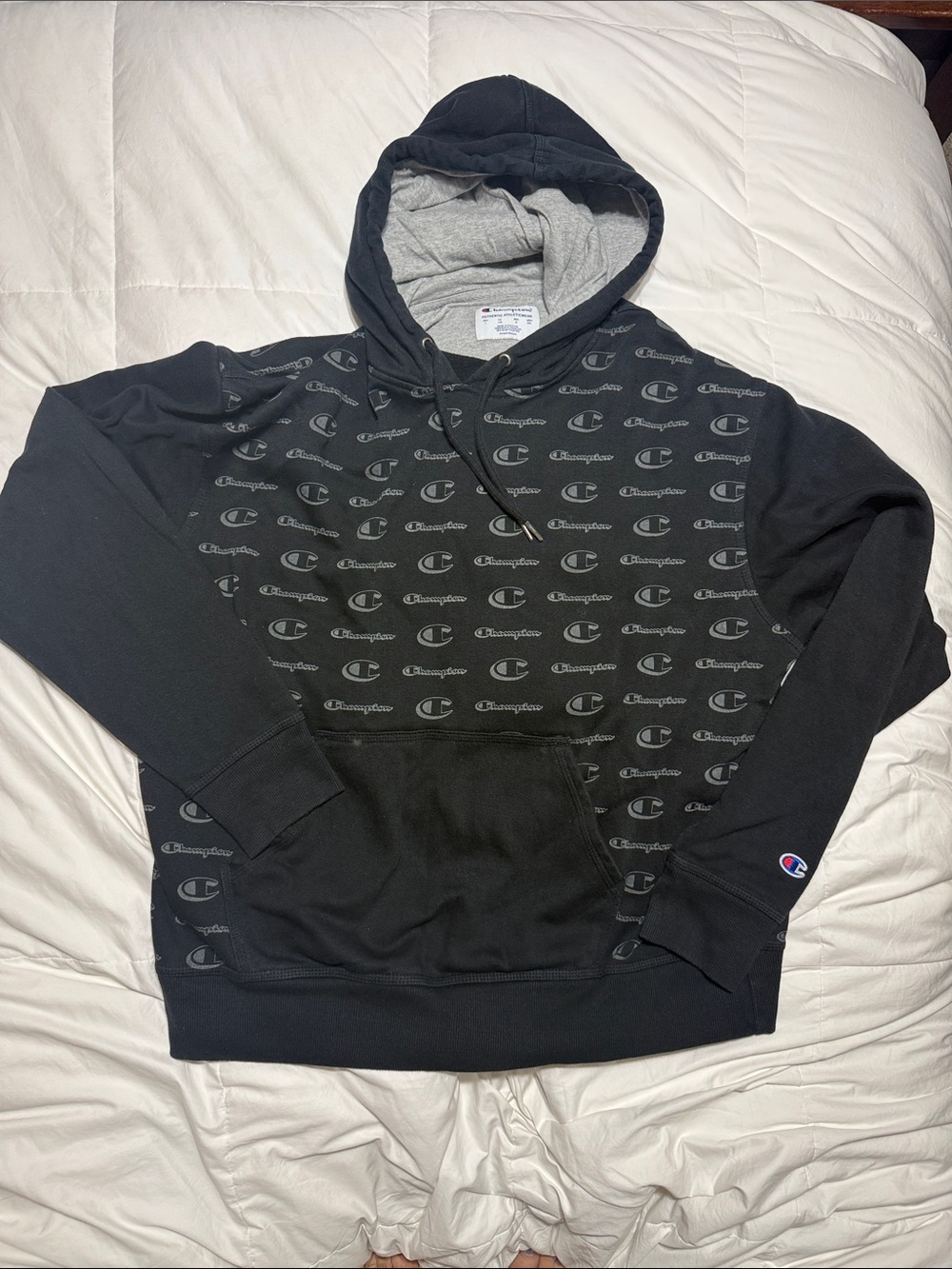 Champion Black Pullover Hoodie with All-Over Logo Print